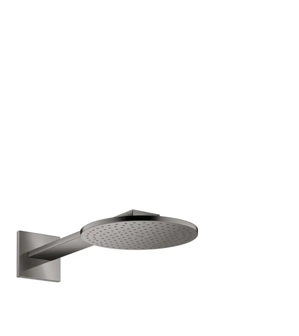 Runde Kopfbrause mit flachem Design und Brausearm in Polished Black Chrome, montiert an einer Wandhalterung. Produkt von AXOR.